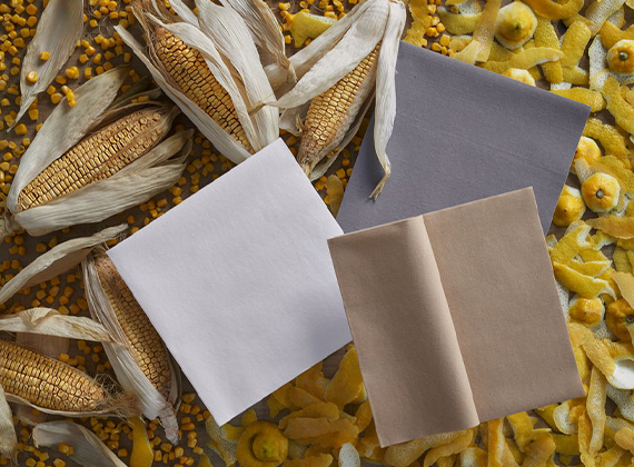 Fossil free premium napkins resting on lemon peels and corn, the renewable materials that they are manufactured from.